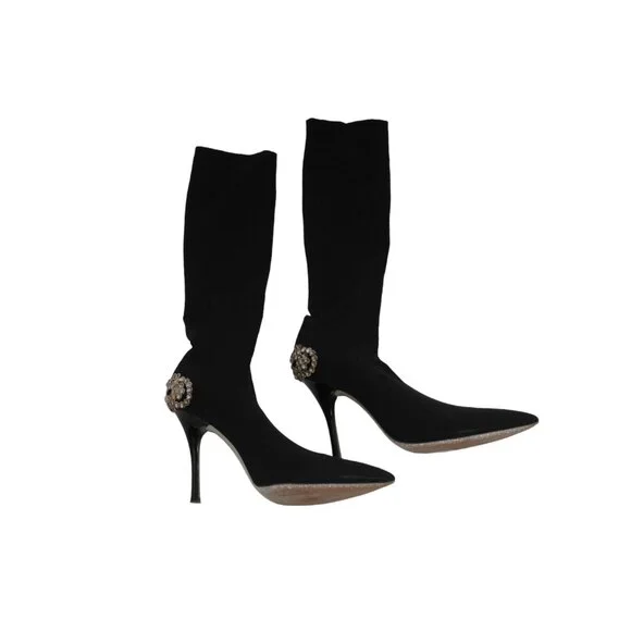 Rene Caovilla Womens Crystal Sock Boots US 7.5 EU 37.5 Black Pointed Toe Pumps